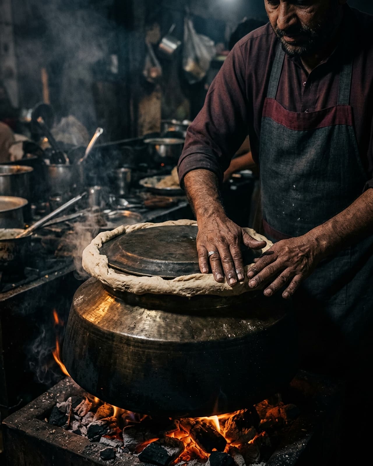 Chef sealing a copper handi with dough for dum cooking over glowing coals