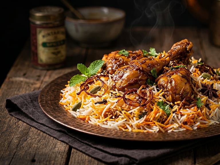 A full plate of Karachi chicken biryani