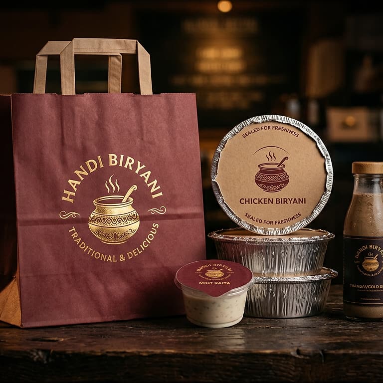 Branded takeaway boxes and bags of biryani ready for home delivery