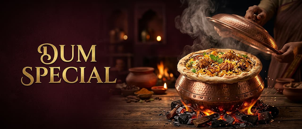 Campaign banner: a copper handi of biryani steaming over glowing coals with the words Dum Special