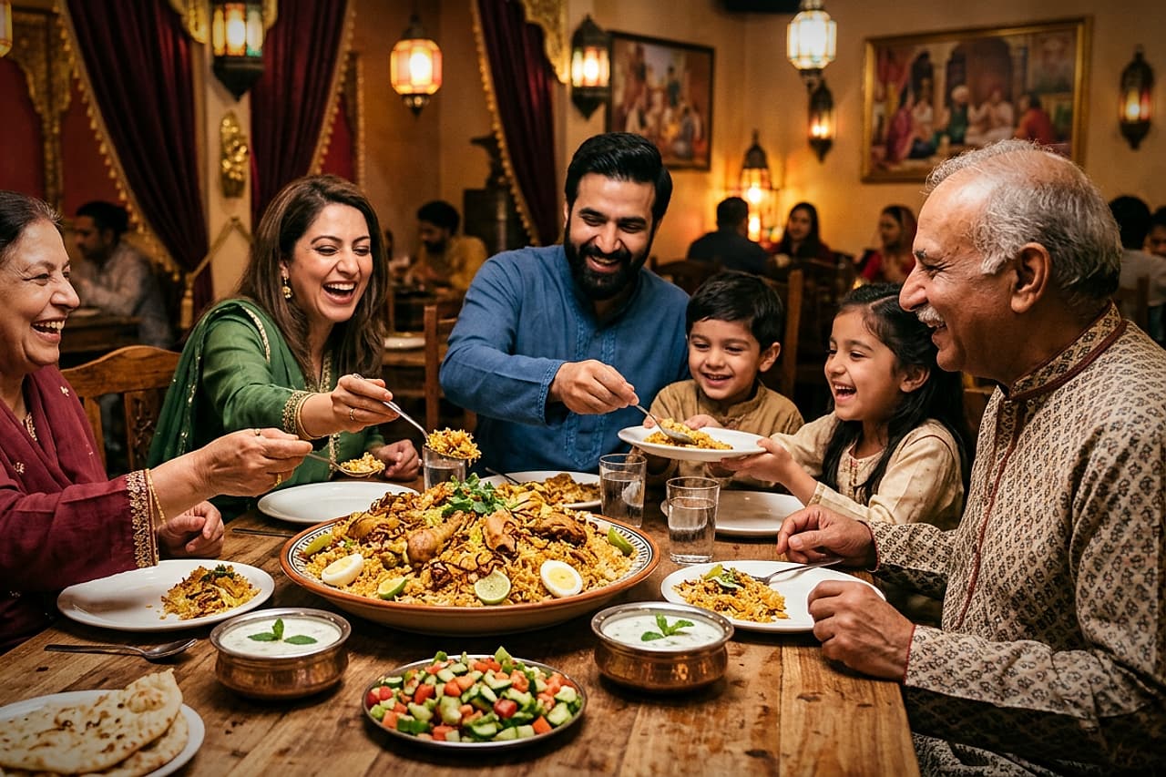 A family sharing plates of biryani together around a dinner table