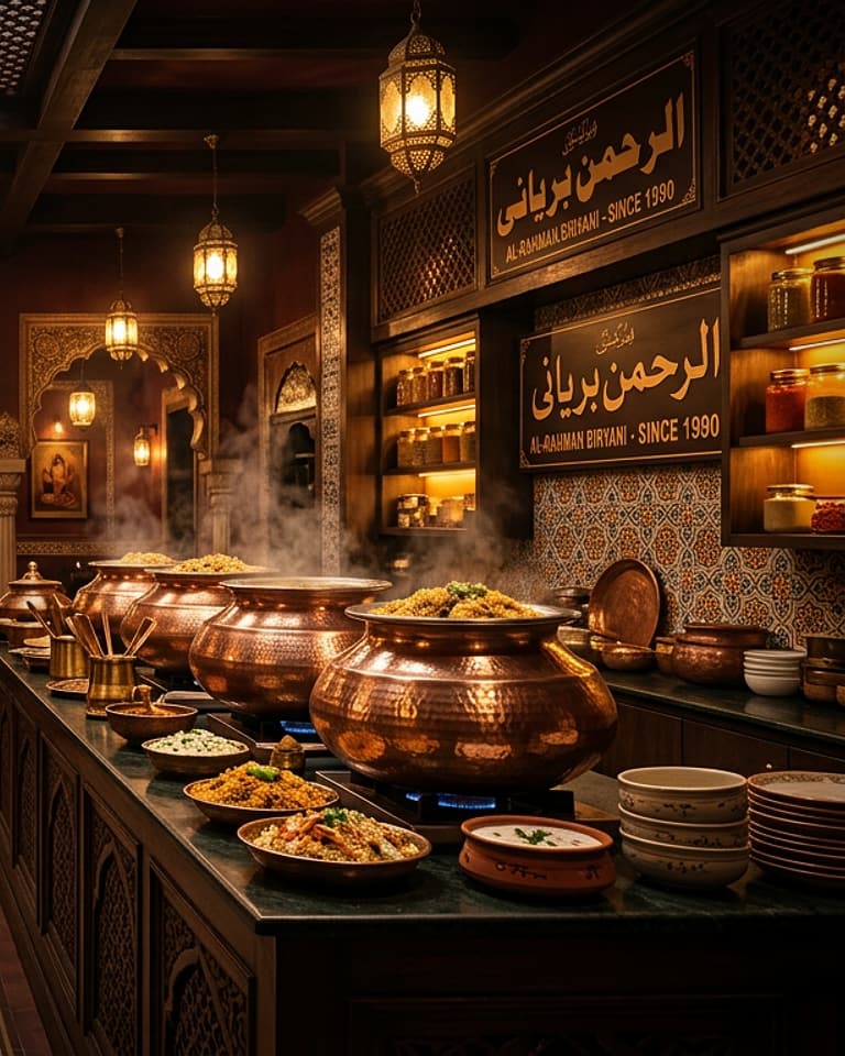 Warm restaurant interior with copper handis, hanging lanterns and Urdu signboards